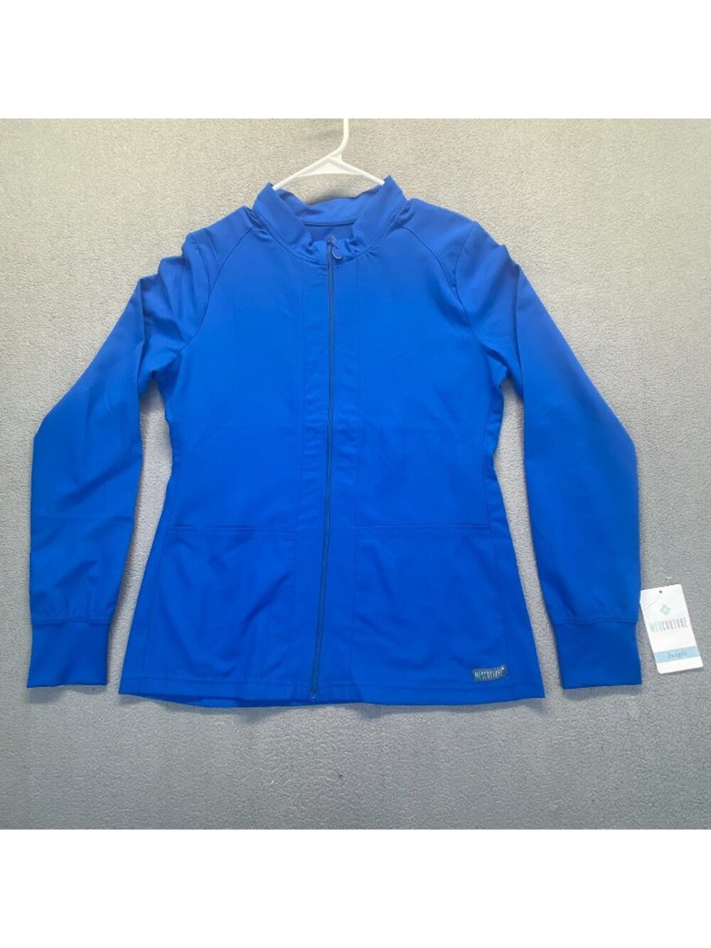 Med Couture Women Scrub Zip Front Warm-Up With Shoulder Yokes MC2660 Blue Size S